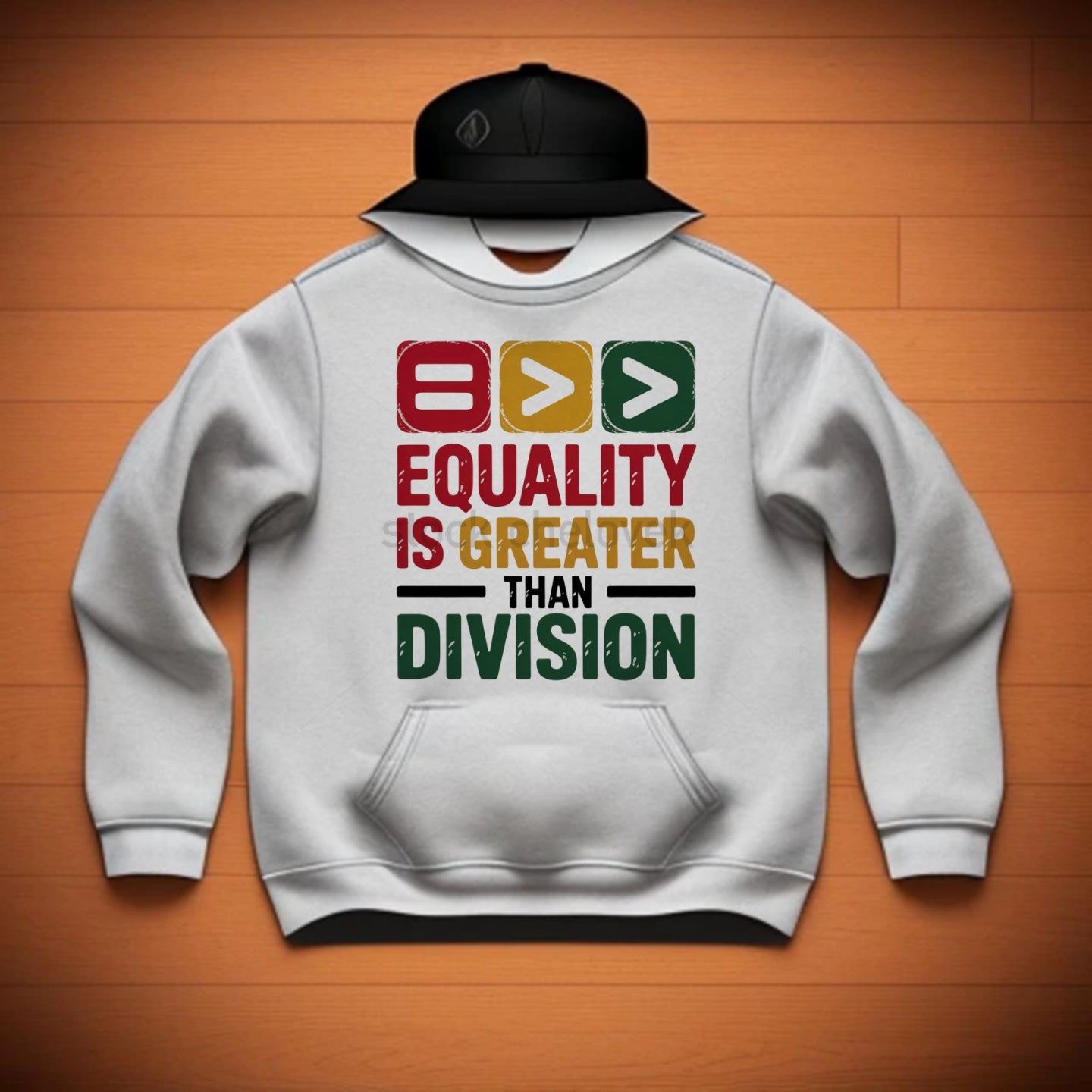 Gray hoodie with colorful  Black History text design on a wooden surface