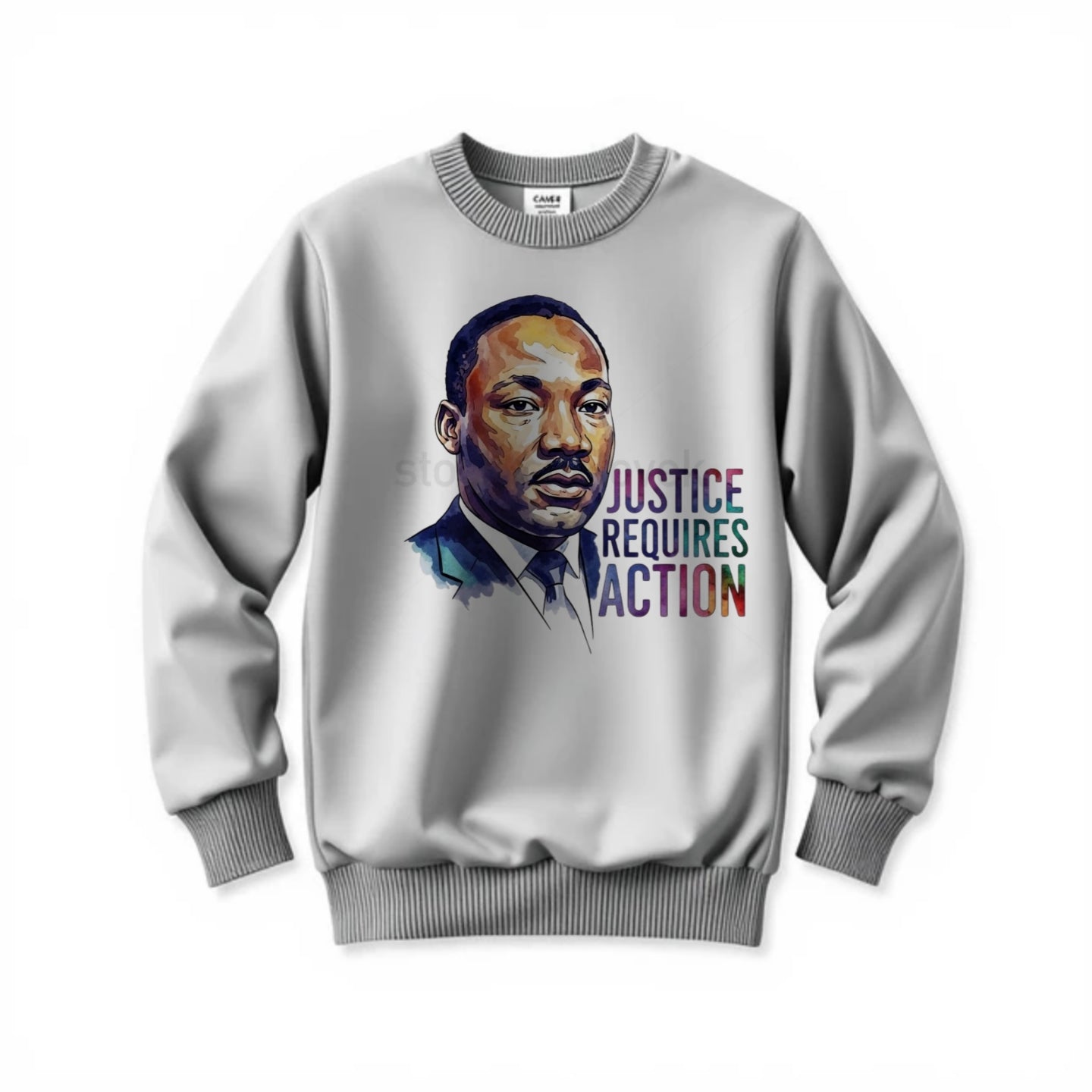 Gray sweatshirt with a graphic of a historical figure and 'Justice Requires Action' text on a white background
