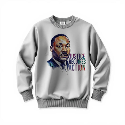 Gray sweatshirt with a graphic of a historical figure and 'Justice Requires Action' text on a white background