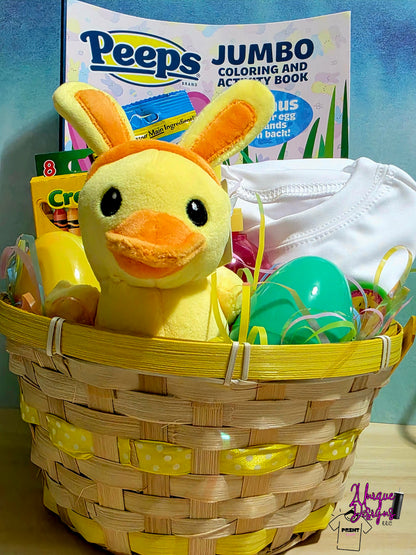 Easter basket with plush duck, eggs, and coloring book in front of a blue background