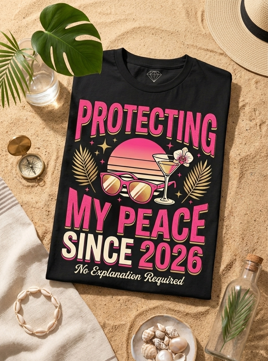 Black t-shirt with pink and gold graphic design on a sandy surface with beach accessories.