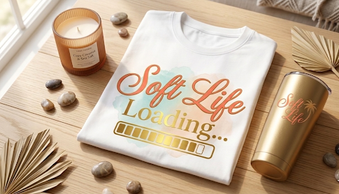 White t-shirt with 'Soft Life Loading' design on a wooden surface with a candle and tumbler.